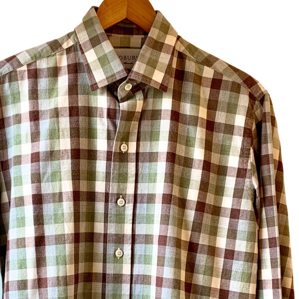 Ledbury Fine Shirtmakers Mens Button Down Plaid Casual Shirt 15.5/33 Cream/Green